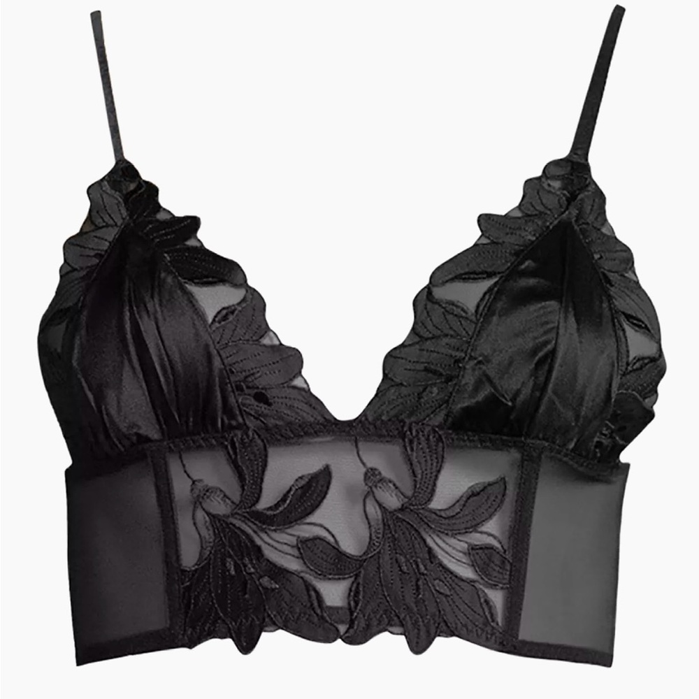 Elegant Fleur du Mal Lily Embroidered Long Lined Triangle Bra, XS